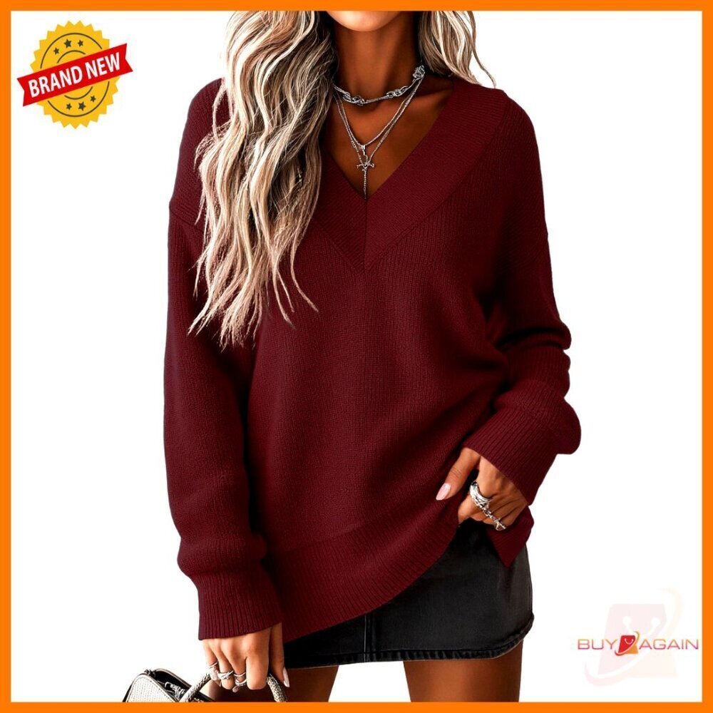 V-Neck Pullover Sweater Side Slit Long Sleeve Knit Winter Top Trendy Outfit